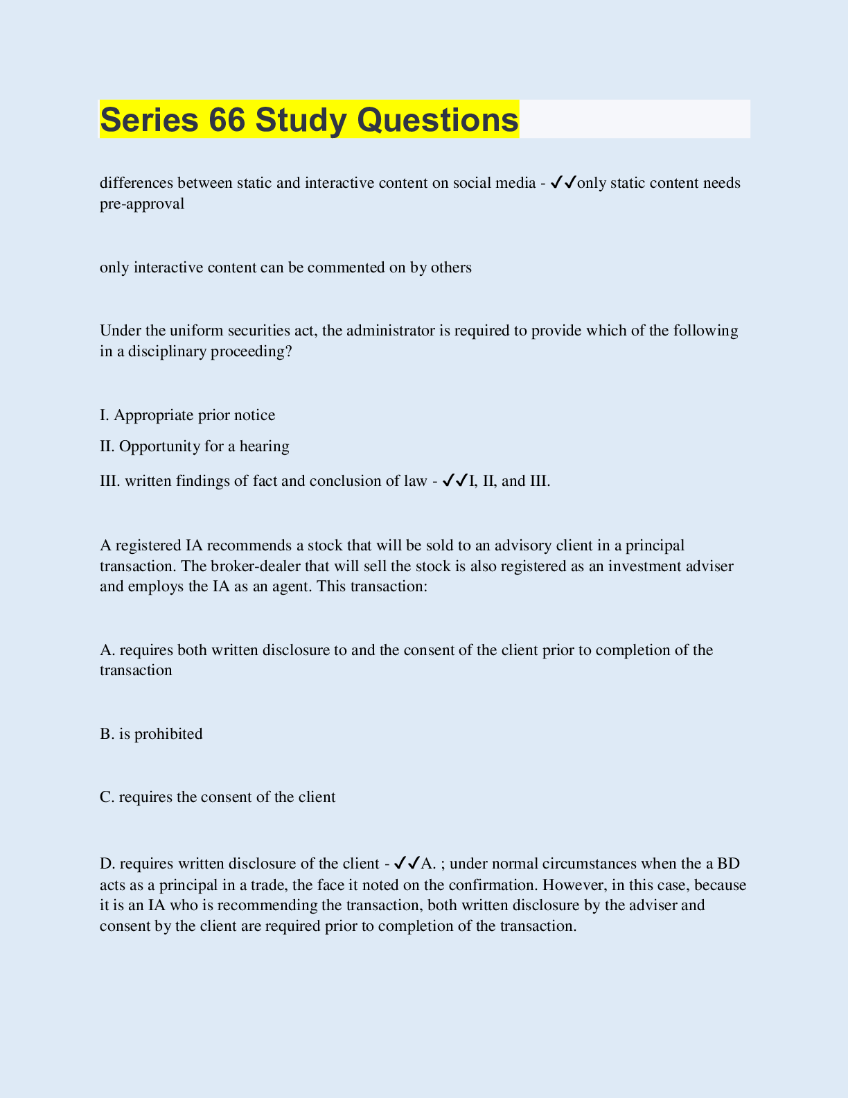 Preview of Series 66 Study Questions  | 60 Questions with 100% Correct Answers | Updated & Verified